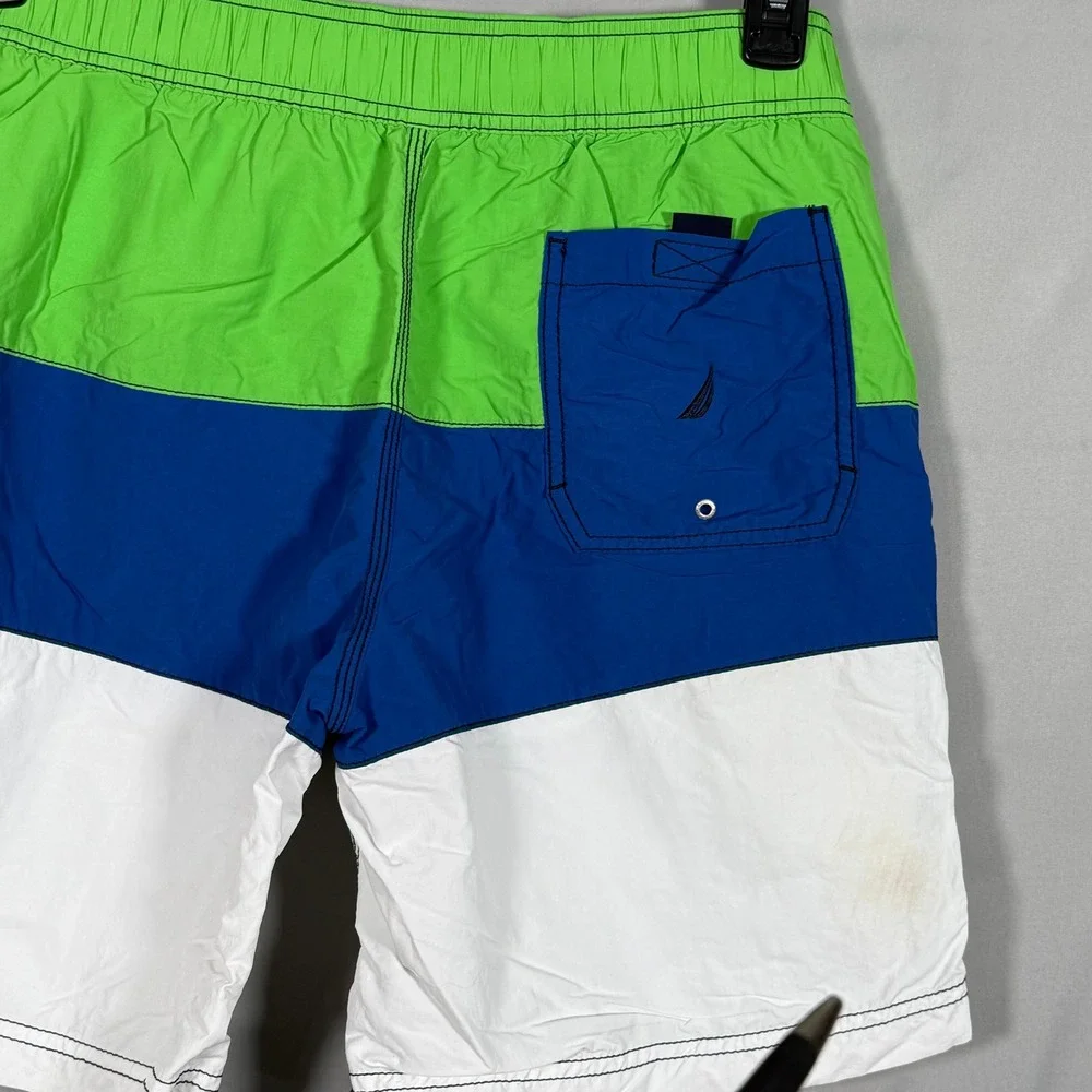 Nautica Mens Colorblock‎ Swim Trunks Green Blue White Logo Mesh Lined Medium